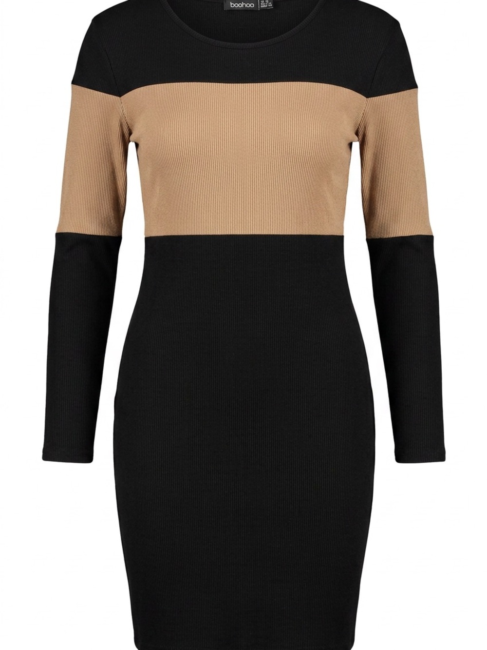boohoo Black and Tan Ribbed Colorblock Bodycon Dress